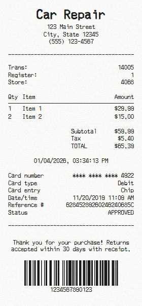 Car Repair receipt template