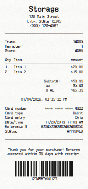 Storage receipt template